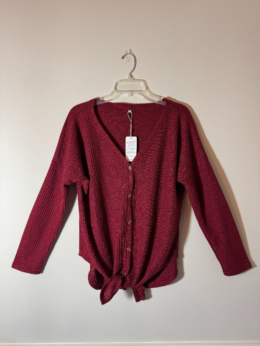 NWT 12Crazy Waffle Knit Long Sleeve Blouse Womens L Red Tie Hem Vneck Polyester